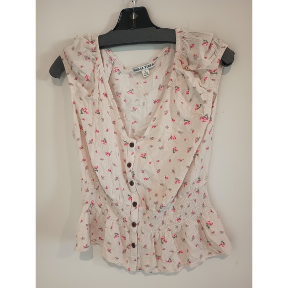 Cream Tops - Moral Fiber Womens Large Floral Peplum Top Cream Pink Smocked Waist Button Up L
